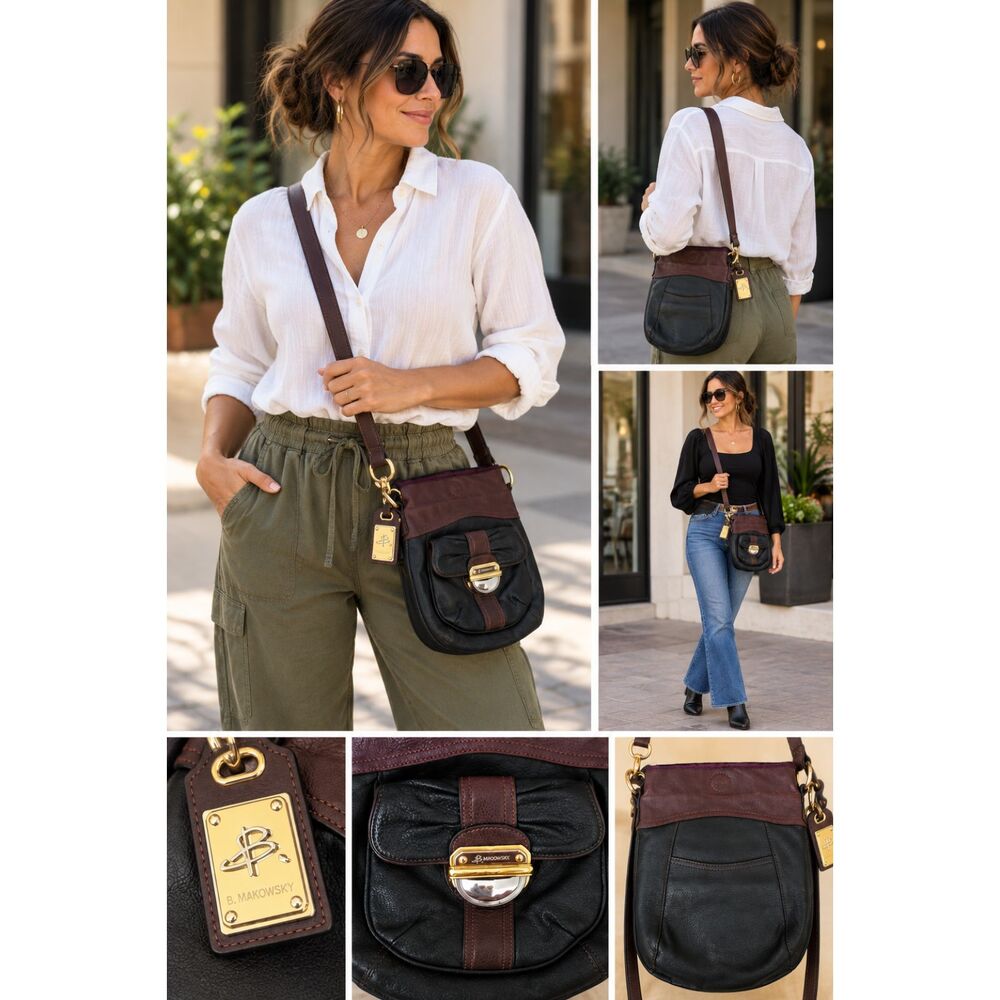 B. Makowsky Black Brown Genuine Leather Crossbody Bag Gold Hardware